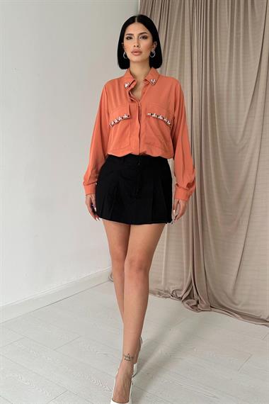 Wholesale Salmon Stone Embroidered Satin Shirt