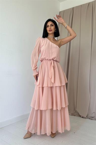 Toptan Somon Tek Kollu Kat Kat Şifon Elbise