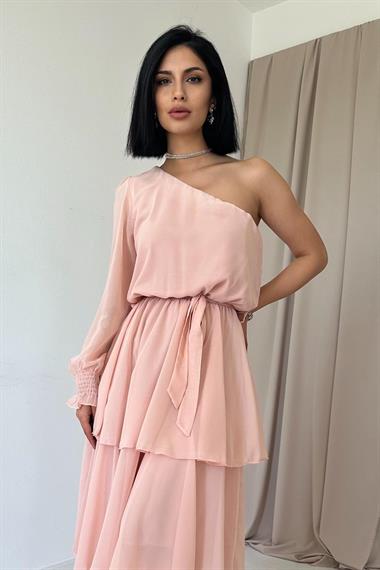 Toptan Somon Tek Kollu Kat Kat Şifon Elbise