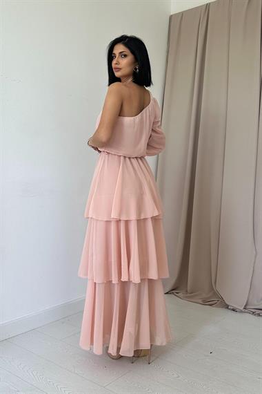 Toptan Somon Tek Kollu Kat Kat Şifon Elbise