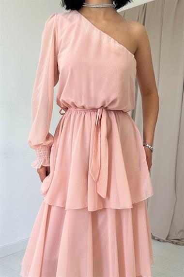 Toptan Somon Tek Kollu Kat Kat Şifon Elbise