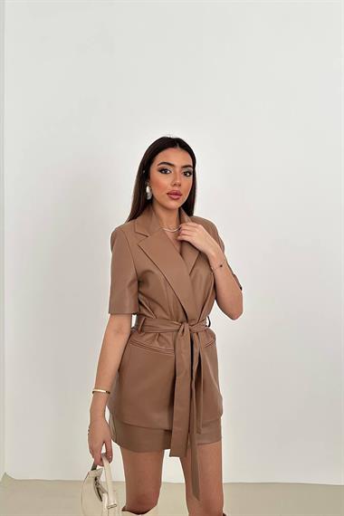 Toptan Taba Deri Ceket ve Etek Takım