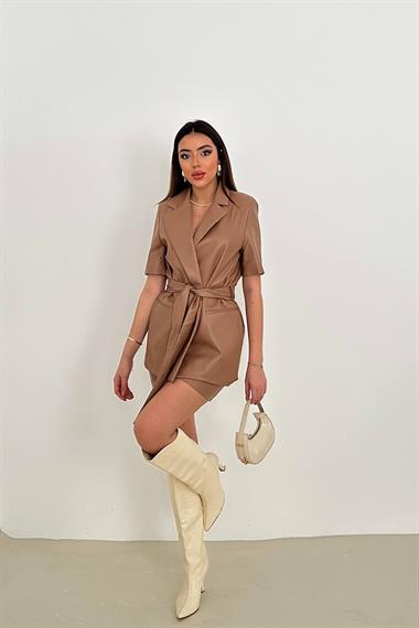 Toptan Taba Deri Ceket ve Etek Takım