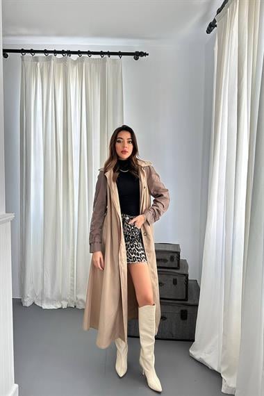 Toptan Taba Kapüşonlu Uzun Trençkot