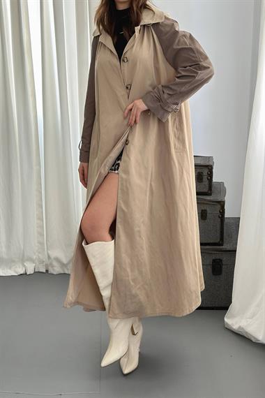 Toptan Taba Kapüşonlu Uzun Trençkot