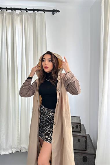 Toptan Taba Kapüşonlu Uzun Trençkot