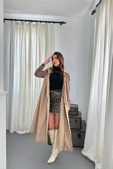 Toptan Taba Kapüşonlu Uzun Trençkot