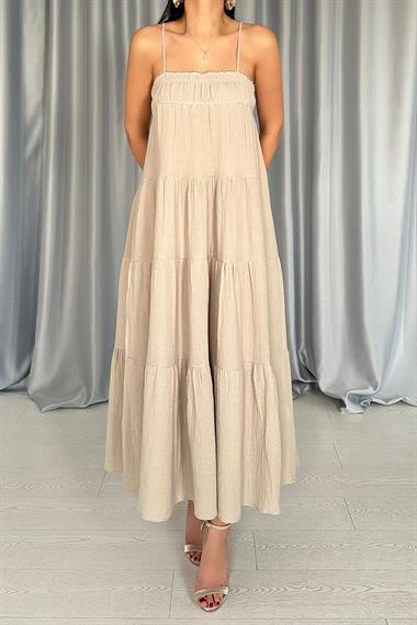 Toptan Taş Askılı Parçalı Müslin Elbise