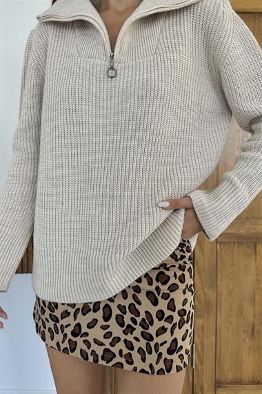 Toptan Taş Fermuarlı ve Boğazlı Triko Kazak