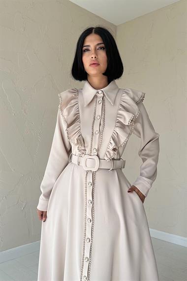 Toptan Taş Fırfırlı Dantelli Elbise