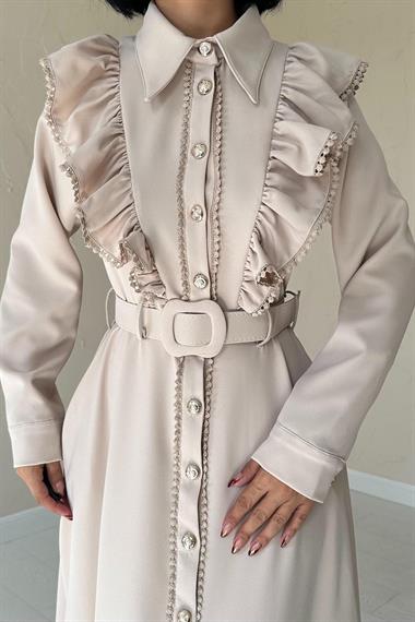 Toptan Taş Fırfırlı Dantelli Elbise