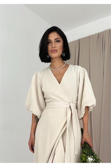 Toptan Taş Kuşaklı Müslin Elbise