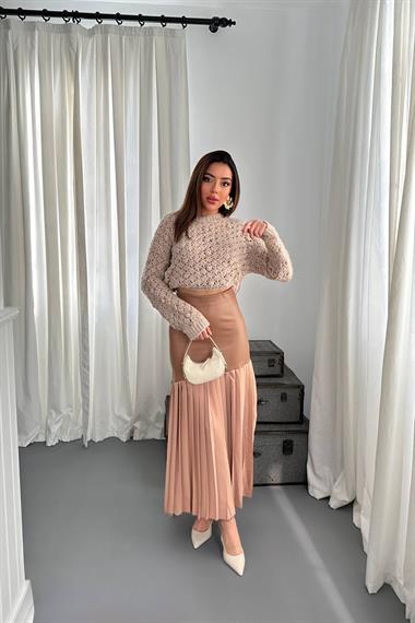 Toptan Vizon Alt Piliseli Deri Garnili Etek