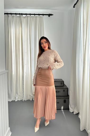 Toptan Vizon Alt Piliseli Deri Garnili Etek