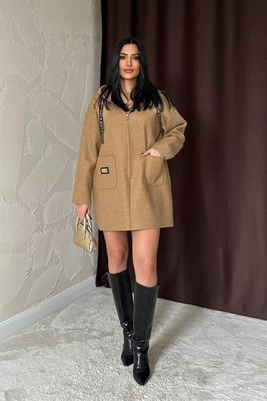 Toptan Vizon Armalı Kapşonlu Peluş Ceket