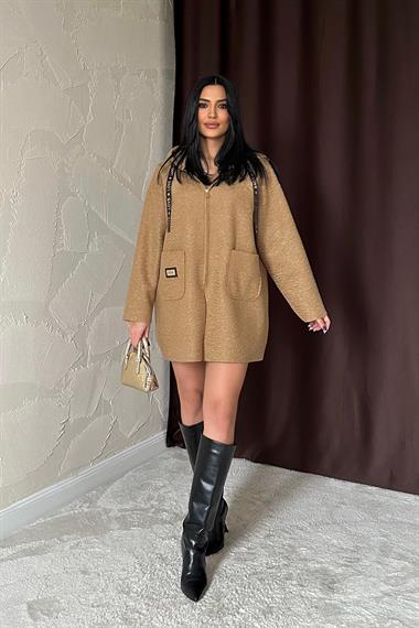 Toptan Vizon Armalı Kapşonlu Peluş Ceket