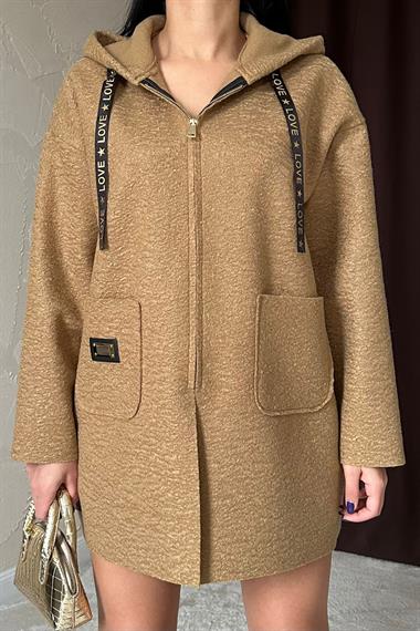 Toptan Vizon Armalı Kapşonlu Peluş Ceket