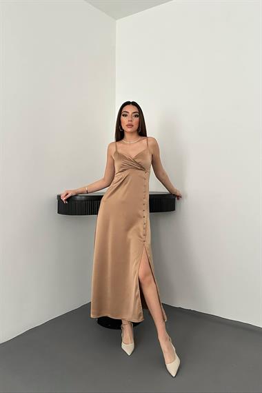Toptan Vizon Askılı Saten Elbise