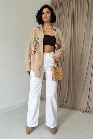 Toptan Vizon Çift Cep Baskı Detaylı Gömlek