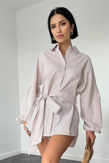Toptan Vizon Çizgili Poplin Kuşaklı Gömlek