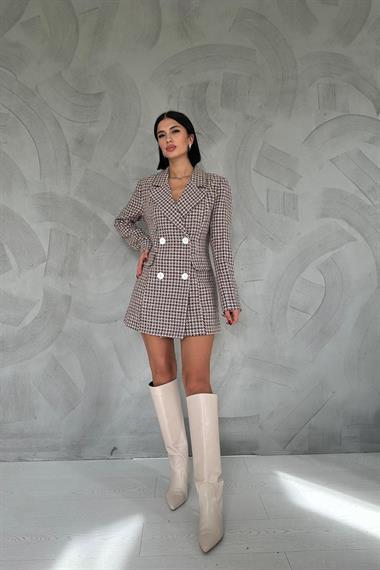 Toptan Vizon Ekose Desen Düğmeli Ceket