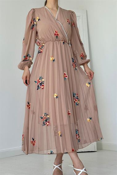 Toptan Vizon Eteği Piliseli Çiçek Desenli Elbise