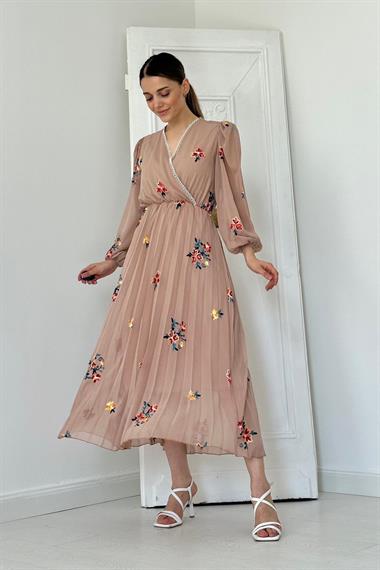 Toptan Vizon Eteği Piliseli Çiçek Desenli Elbise