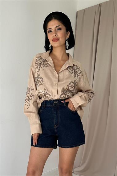 Wholesale Mink Flamed Linen Embroidered Sequined Shirt