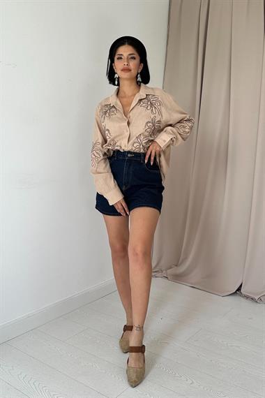 Wholesale Mink Flamed Linen Embroidered Sequined Shirt