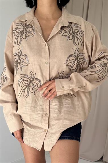 Wholesale Mink Flamed Linen Embroidered Sequined Shirt