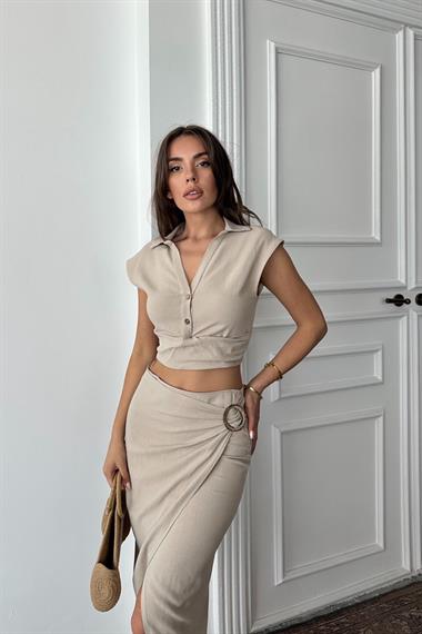 Toptan Vizon Keten Gömlek Ve Etek Takım