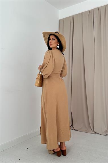 Toptan Vizon Kuşaklı Müslin Elbise