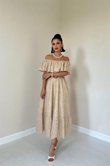 Toptan Vizon Omzu Lastikli Brode Elbise