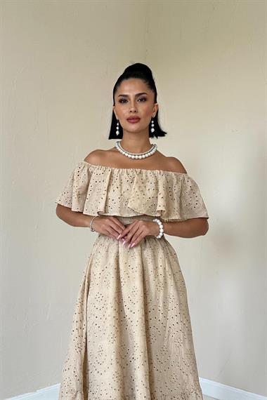 Toptan Vizon Omzu Lastikli Brode Elbise