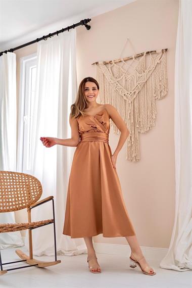 Toptan Vizon Taş Askılı Prenses Elbise