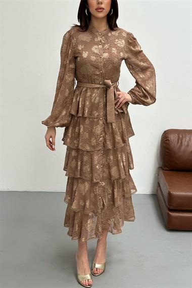 Toptan Vizon Valonlu Şeritli Kat Kat Elbise