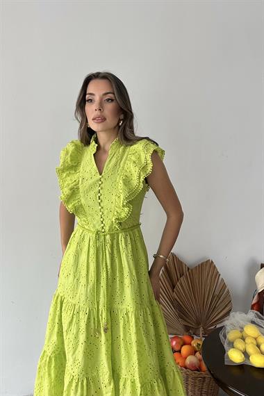 Toptan Yağ Yeşili Fırfırlı Düğmeli Elbise