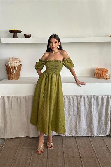 Toptan Yağ Yeşili Gipeli Brode Elbise