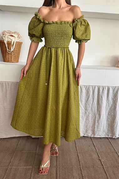 Toptan Yağ Yeşili Gipeli Brode Elbise