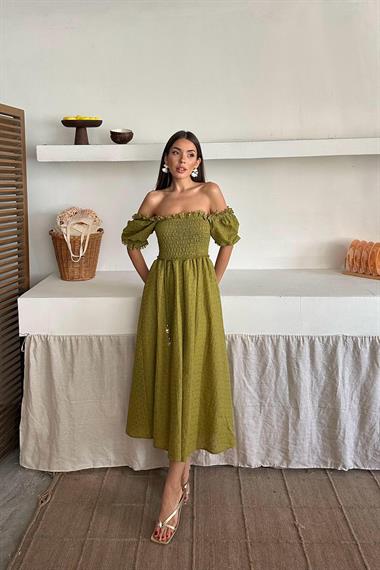 Toptan Yağ Yeşili Gipeli Brode Elbise