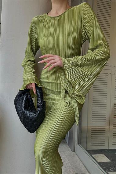 Toptan Yağ Yeşili İspanyol Kol Piliseli Elbise