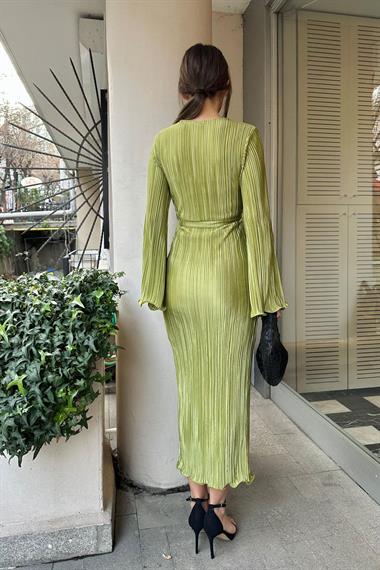 Toptan Yağ Yeşili İspanyol Kol Piliseli Elbise