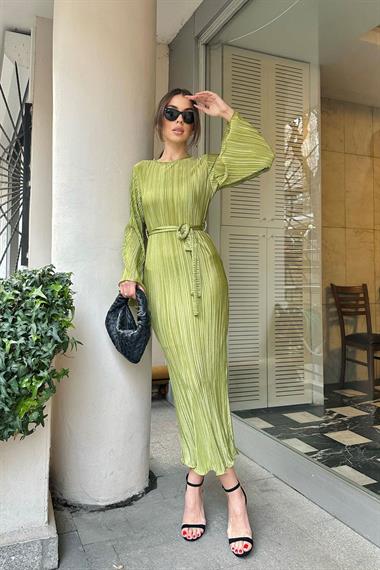 Toptan Yağ Yeşili İspanyol Kol Piliseli Elbise