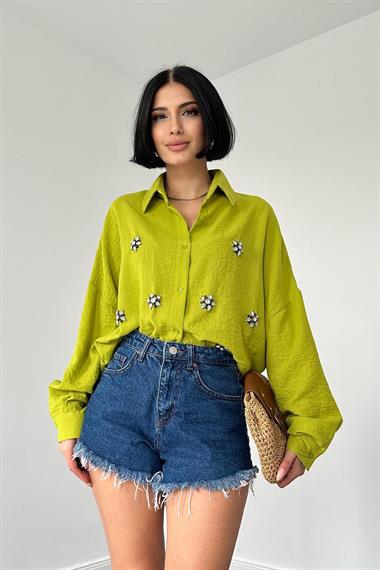 Wholesale Oil Green Stone Embroidered Shirt
