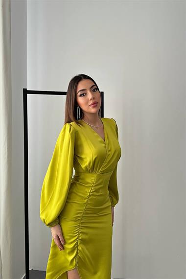 Toptan Yağ Yeşili V Yaka Saten Elbise