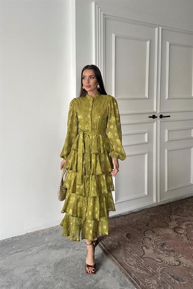 Toptan Yağ Yeşili Valonlu Şeritli Kat Kat Elbise