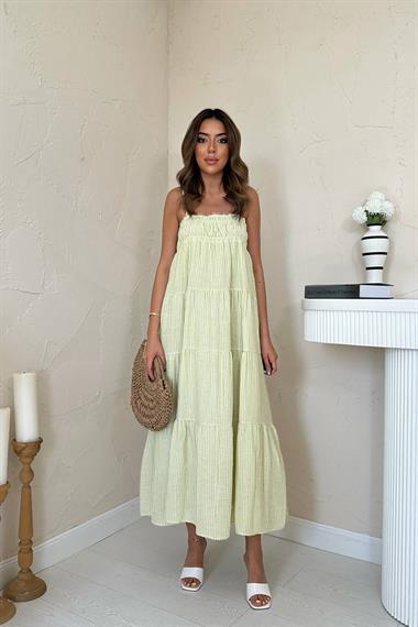 Toptan Yeşil Askılı Parçalı Çizgili Müslin Elbise
