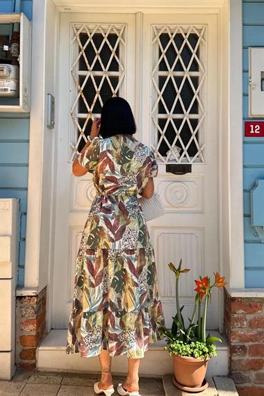 Toptan Yeşil Bağcıklı Keten Elbise