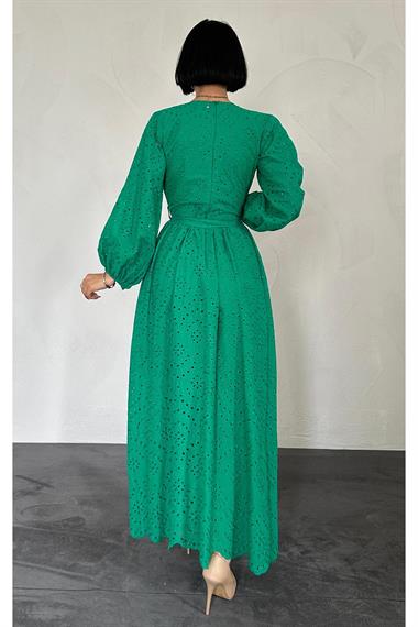 Toptan Yeşil Balon Kol Brode Elbise