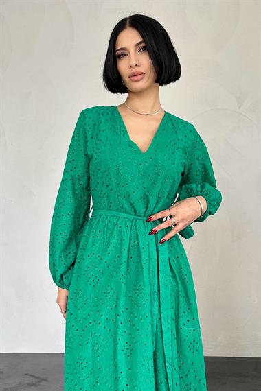 Toptan Yeşil Balon Kol Brode Elbise